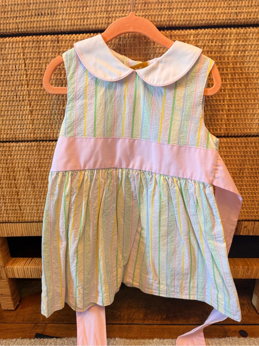 The Beaufort Bonnet Company Pastel Stripe Seersucker Dress with Pink Sash
